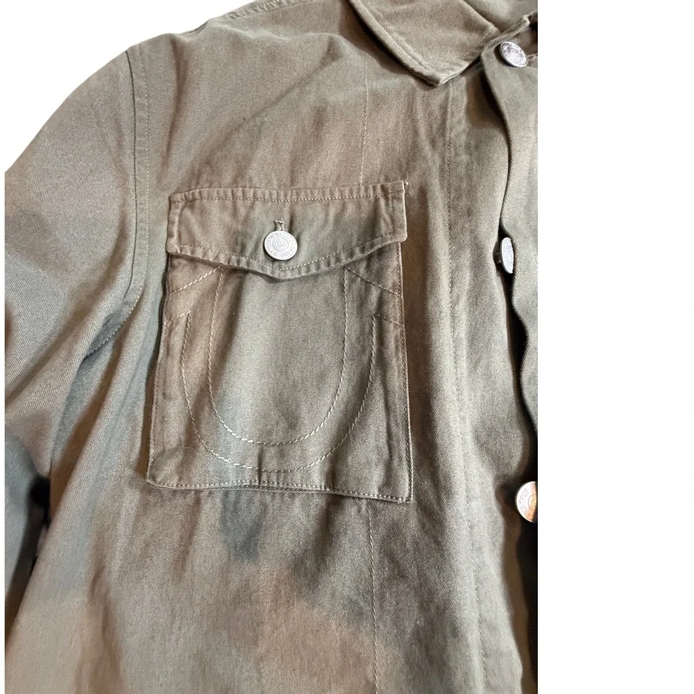 True Religion Mens Olive Green Buddha Graphic Utility Jacket Large Horseshoe